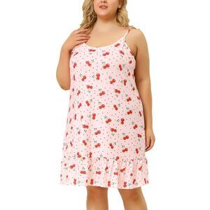 Plus Size Nightgown Women Cami Fruit Printed Ruffle Hem Sleepwear Pink